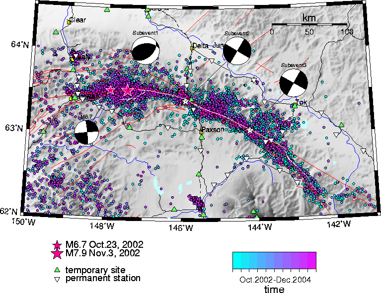 Map of M6.7 and M7.9 aftershocks